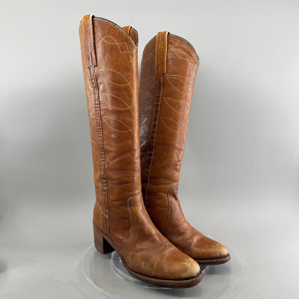 Frye Womens Vintage Tall Western Cowboy Boots Leather Stitched Tan Size 7 USA